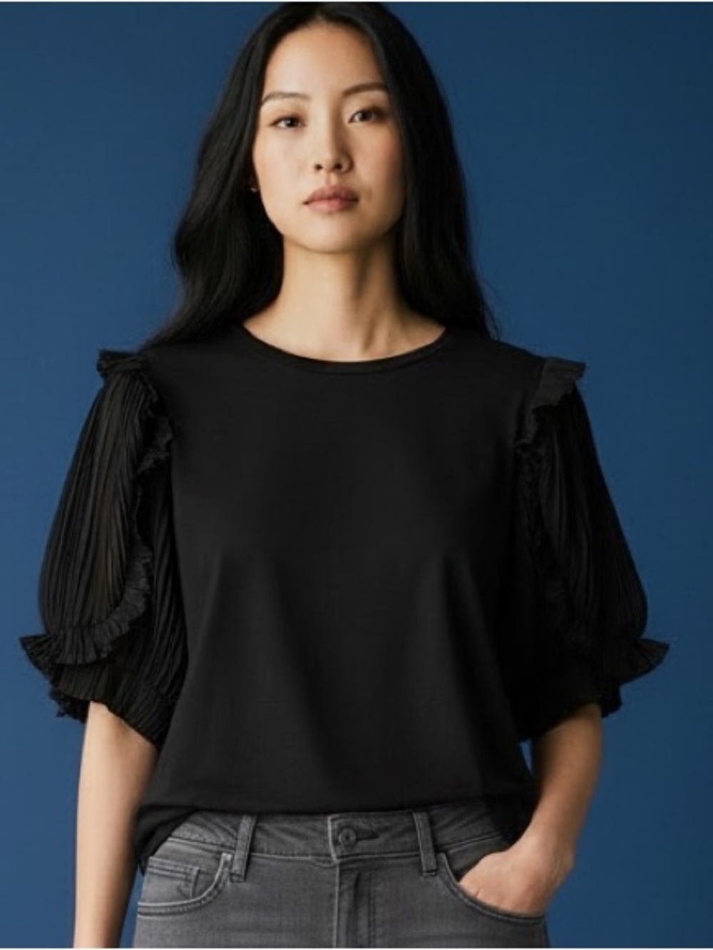 ❤️ Express Black Pleated Chiffon Sleeves Scoop Neck Tee